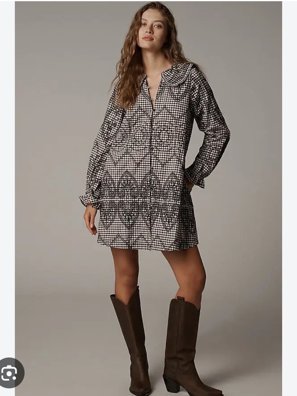 Anthropologie Pilcro The Keira Embroidered Shirt Dress in Neutral Gingham